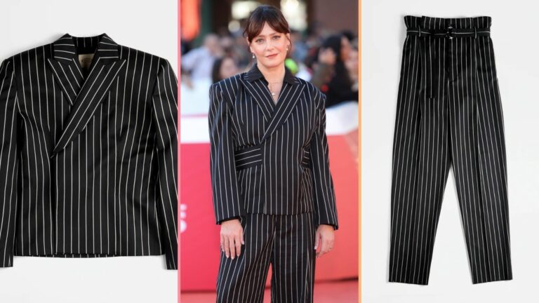 Giovanna Mezzogiorno strega i fotografi con il tailleur gessato elegante