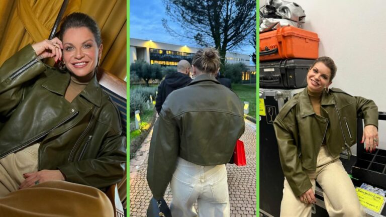 Alessandra Amoroso galattica col chiodo in pelle verde fa la moda