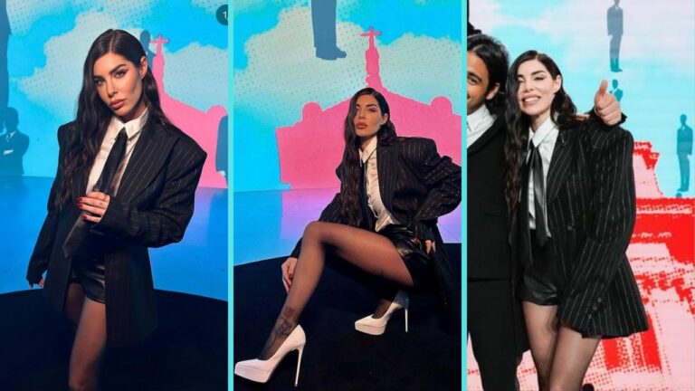 Bianca Atzei è una mamma rock col blazer gessato e le gambe scoperte