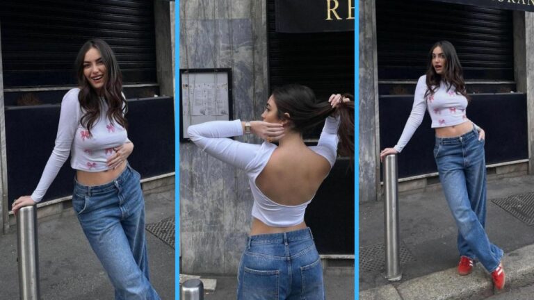 Schiena nuda per Nilufar Addati che sceglie la maglia sexy coi fiocchetti