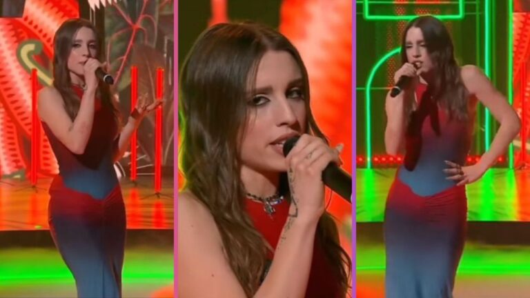 Angelina Mango attira l’attenzione con l’abito cocktail rosso e azzurro