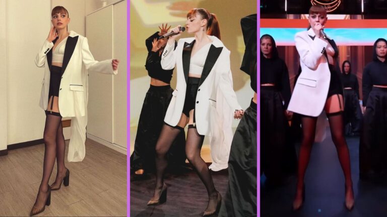 Annalisa in reggicalze e blazer bicolor è la regina del palco de Le Iene
