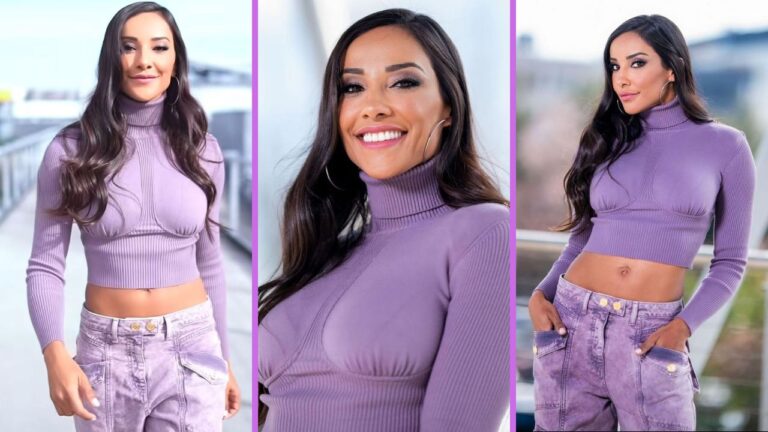 Juliana Moreira è super trendy col maglione scollo stile bustino