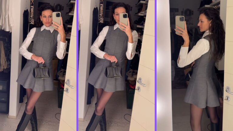 Super chic Paola Turani col vestito semplice da usare in tutte le stagioni