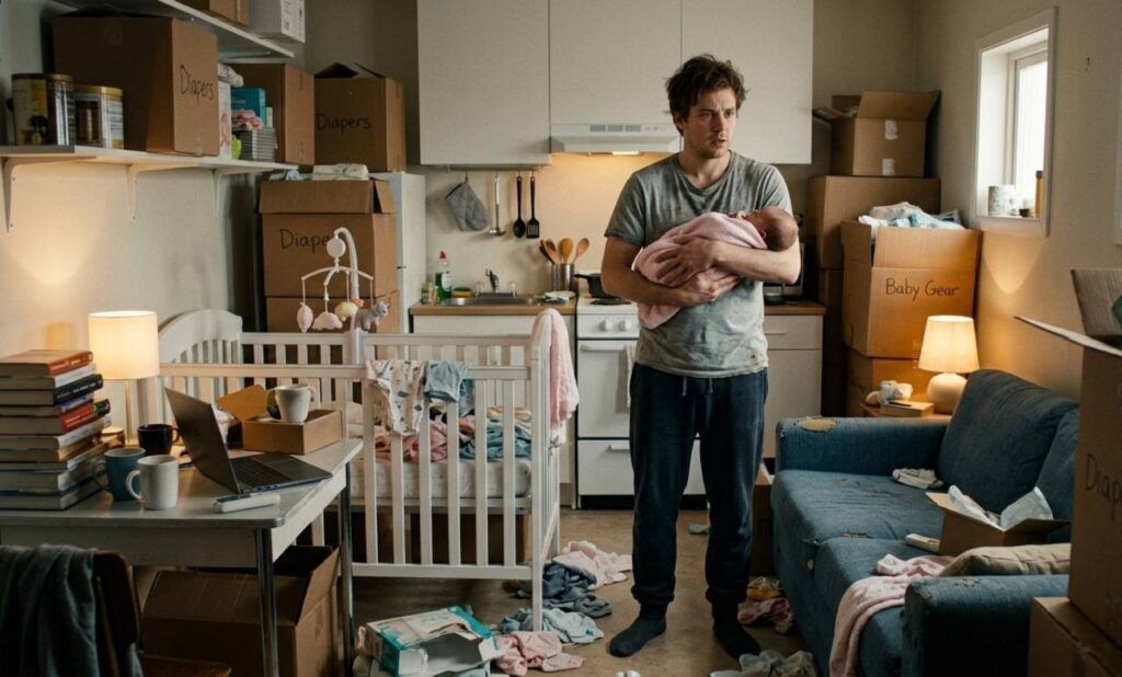 ragazzo con bambino dentro una casa molto piccola