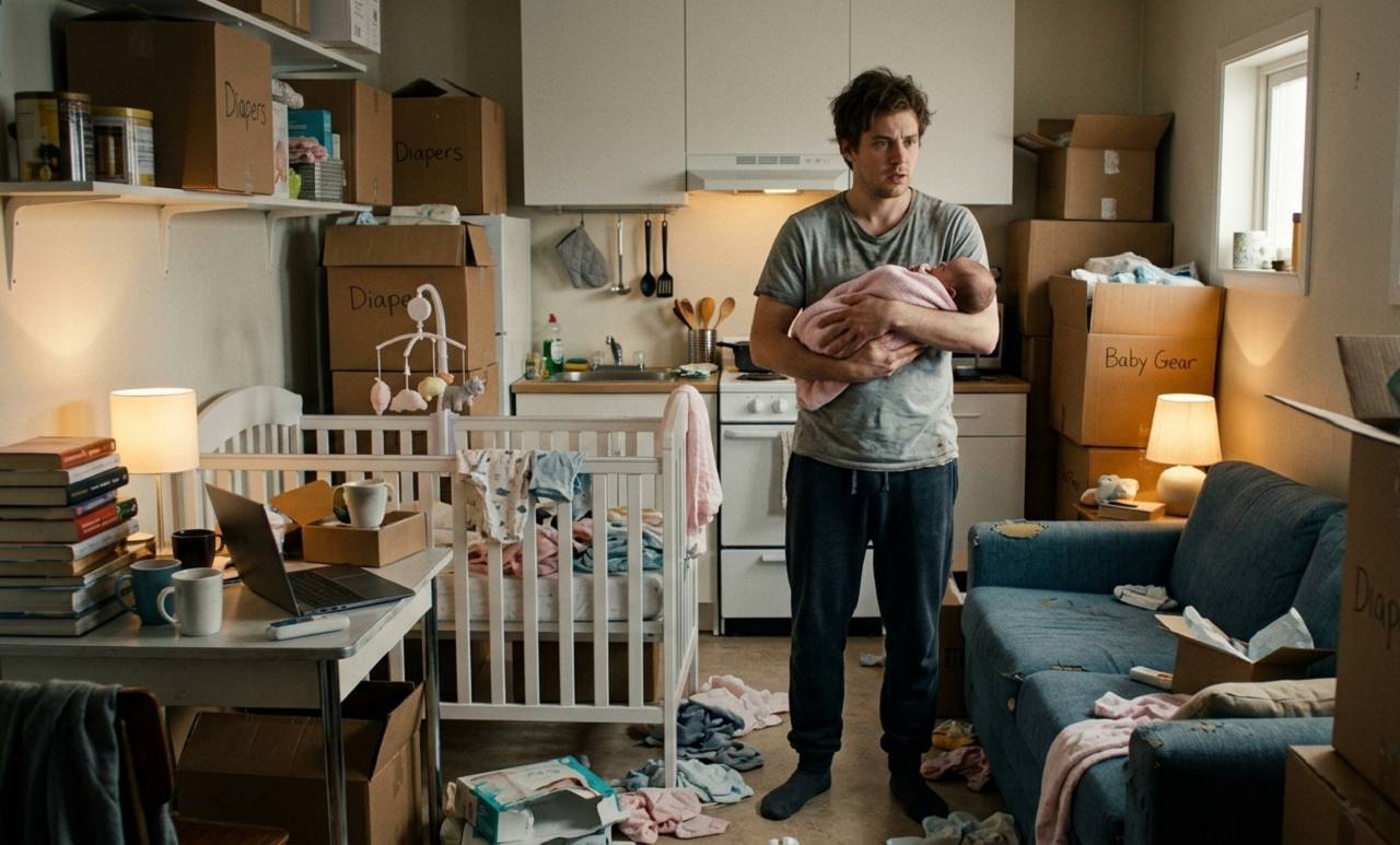 ragazzo con bambino dentro una casa molto piccola